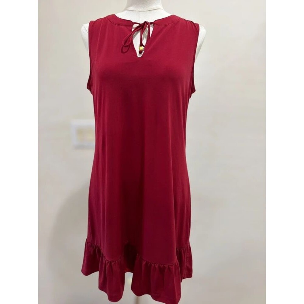 Michael Kors Red Sleeveless Ruffle Hem Dress Medium Tie Neck Gold Detail